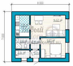Одноэтажный частный дом размером 7 на 8 метров, с одной спальной, гостиной и кухней