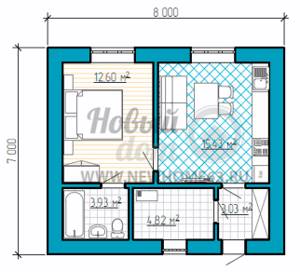 Пример плана дома размером 7 на 8 метров с двумя комнатами и большим подсобным помещением