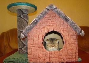Вариант домика для кошки из ковролина с когтеточкой.
