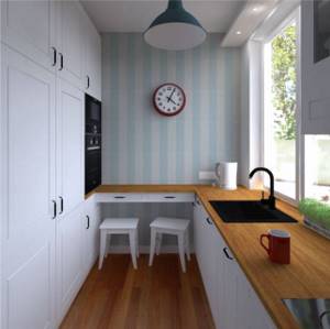 Дизайн проект маленькой кухни с полосатыми обоями