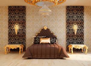 Роскошный интерьер спальни с отделкой стен тканью.