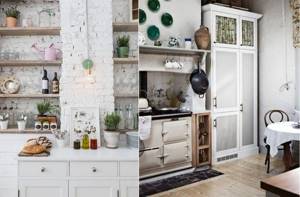 Белые кирпичные стены в интерьере кухни в деревенском стиле