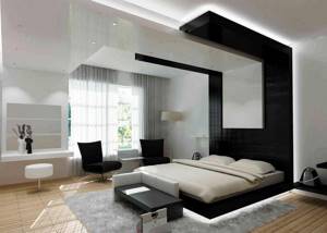 Натяжной потолок в спальне, оформленной в стиле хай-тек